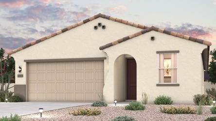 Twilight rendering of front of new home for sale in San Tan, AZ with 2 car garage in the beautiful Skyline Village community with pool.