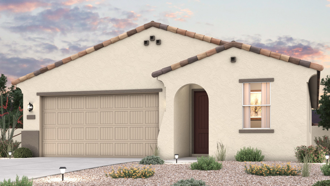 Twilight rendering of front of new home for sale in San Tan, AZ with 2 car garage in the beautiful Skyline Village community with pool.