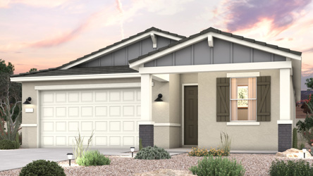Twilight rendering of front of new home for sale in San Tan, AZ with 2 car garage in the beautiful Skyline Village community with pool.