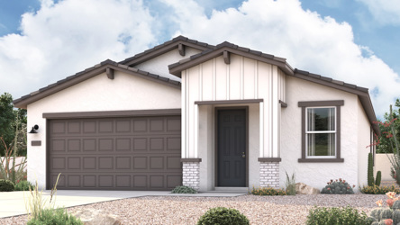 Rendering of front of new home for sale in San Tan, AZ with 2 car garage in the beautiful Skyline Village community with pool.