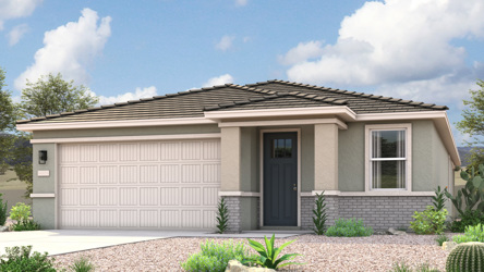 Rendering of front of new home for sale in San Tan, AZ with 2 car garage in the beautiful Skyline Village community with pool.