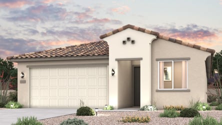 Twilight rendering of front of new home for sale in San Tan, AZ with 2 car garage in the beautiful Skyline Village community with pool.