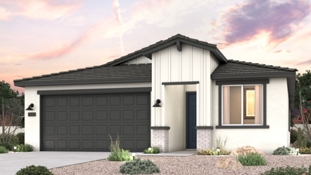 Twilight rendering of front of new home for sale in San Tan, AZ with 2 car garage in the beautiful Skyline Village community with pool.