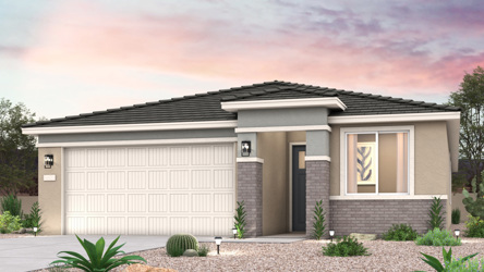 Twilight rendering of front of new home for sale in San Tan, AZ with 2 car garage in the beautiful Skyline Village community with pool.
