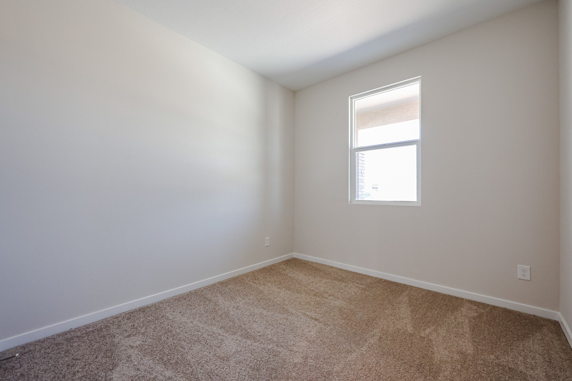 A room with a carpet and a window.