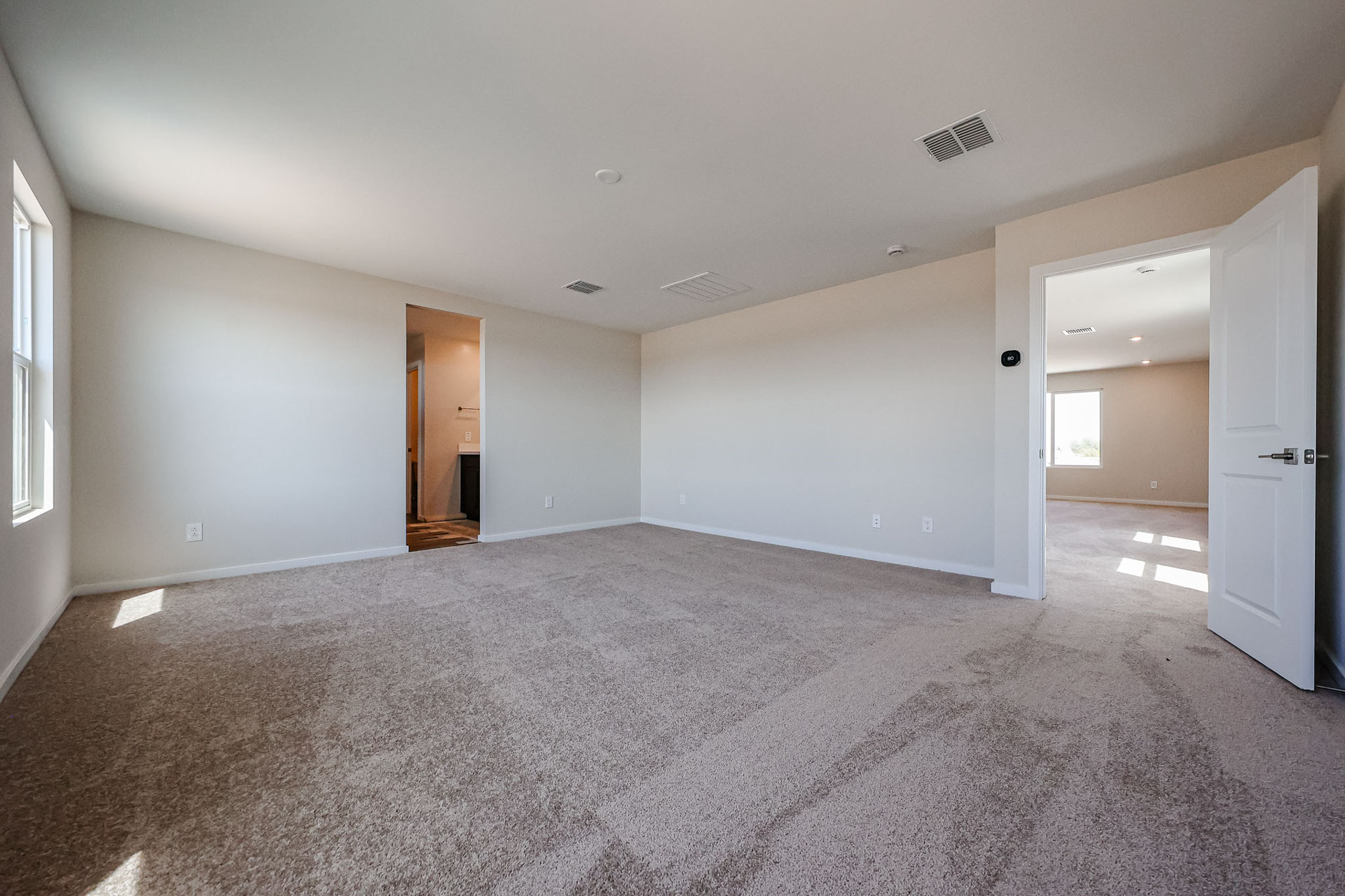 A room with a carpet and doors.