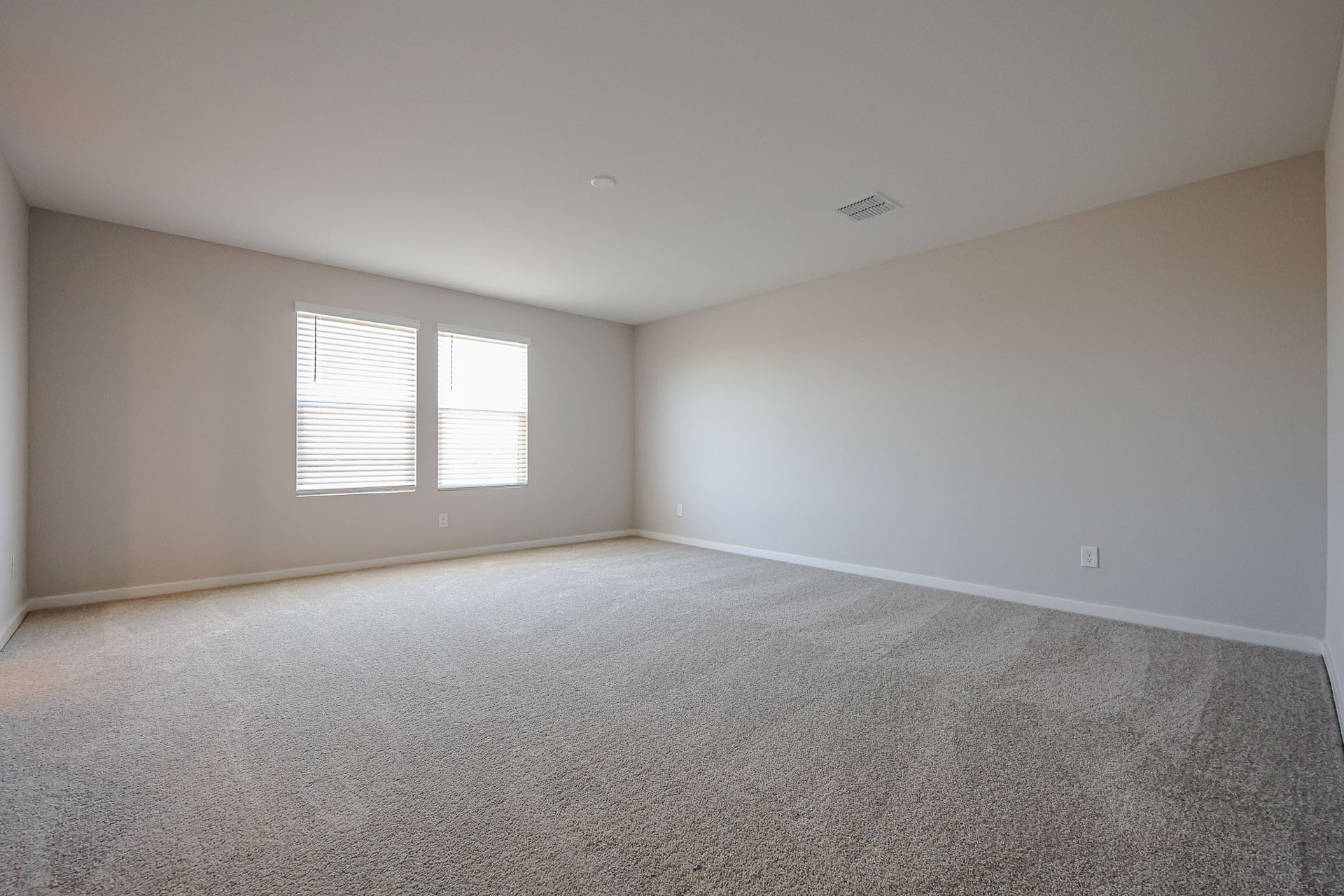 A room with a carpet and windows.