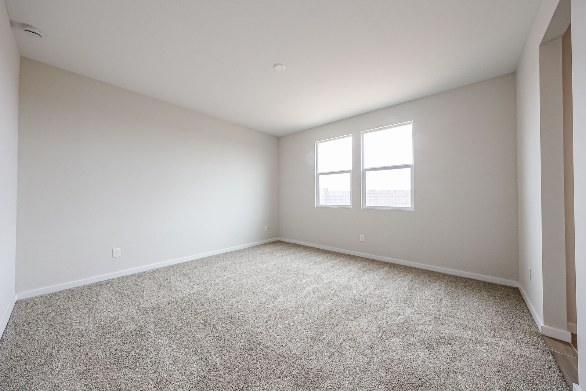 A room with a carpet and windows.