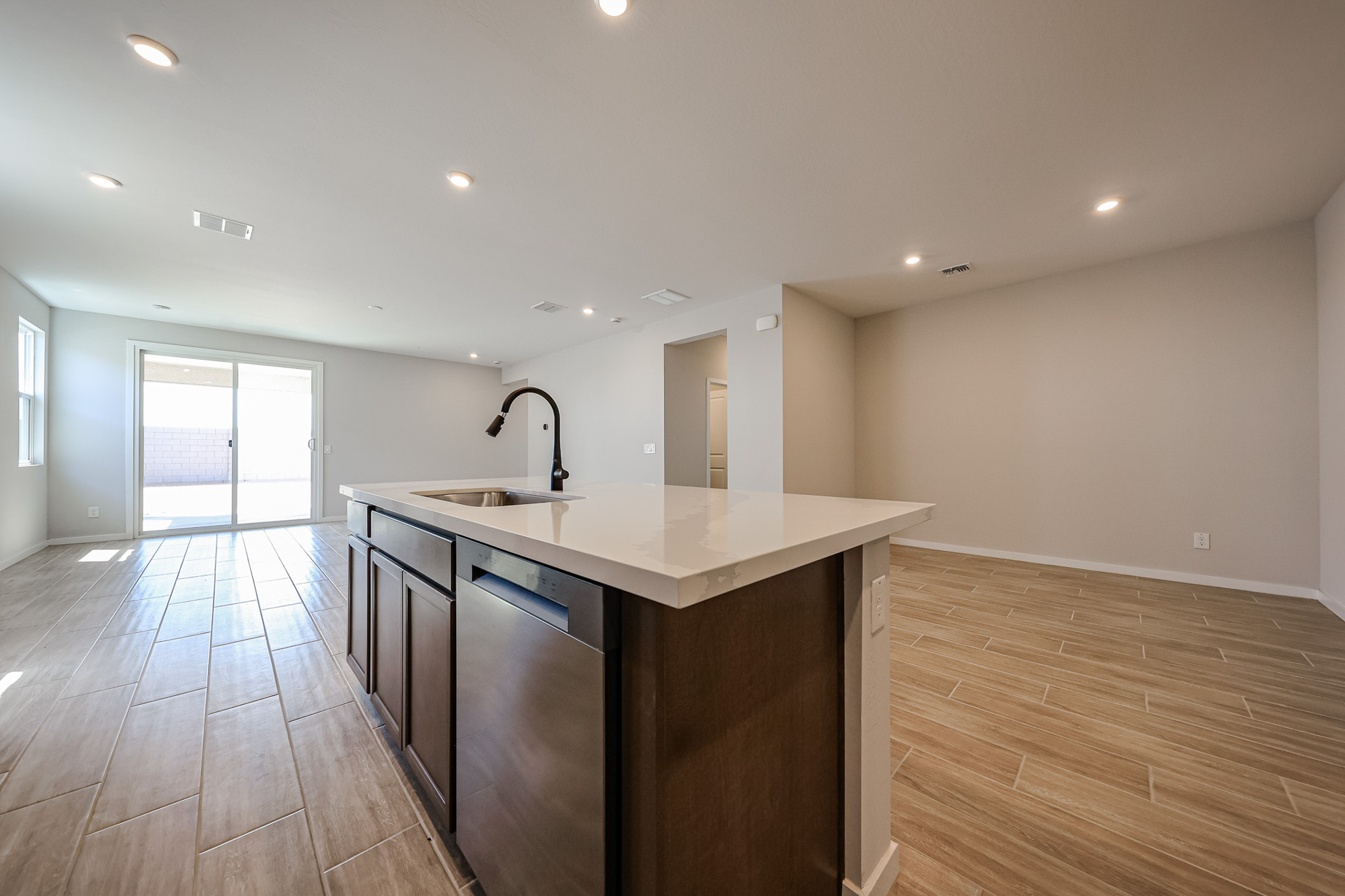 A kitchen with a large island.