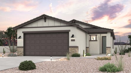 Twilight rendering of front of new home for sale in San Tan Valley, AZ at Skyline Village the Highlands Collection by Century Communities with 2 car garage.