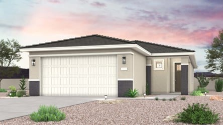Twilight rendering of front of new home for sale in San Tan Valley, AZ at Skyline Village the Highlands Collection by Century Communities with 2 car garage.