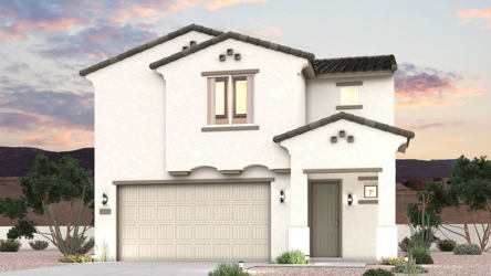Twilight rendering of front of new home for sale in San Tan Valley, AZ at Skyline Village the Highlands Collection by Century Communities with 2 car garage.
