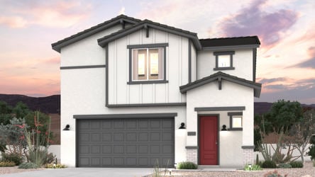 Twilight rendering of front of new home for sale in San Tan Valley, AZ at Skyline Village the Highlands Collection by Century Communities with 2 car garage.