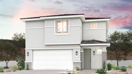 Twilight rendering of front of new home for sale in San Tan Valley, AZ at Skyline Village the Highlands Collection by Century Communities with 2 car garage.