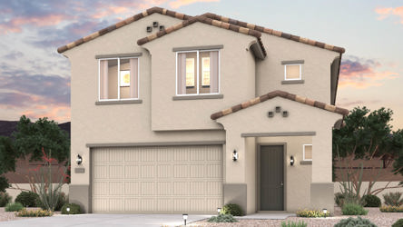 Rendering of front of new home for sale in San Tan Valley, AZ at Skyline Village the Highlands Collection by Century Communities with 2 car garage.
