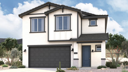 Twilight rendering of front of new home for sale in San Tan Valley, AZ at Skyline Village the Highlands Collection by Century Communities with 2 car garage.