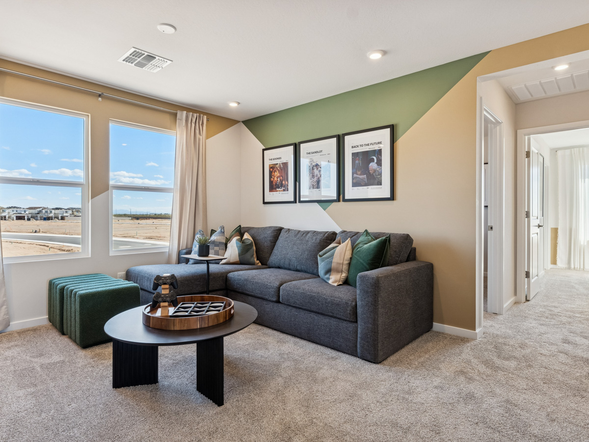 A living room with a large window.