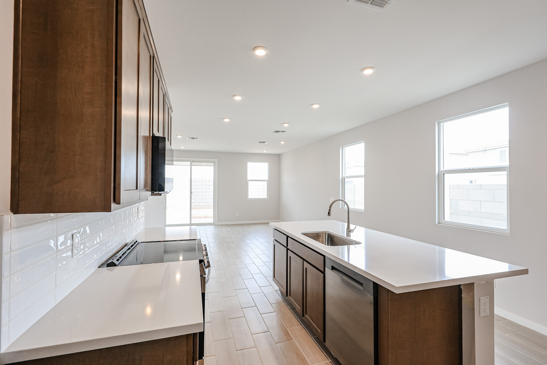 A kitchen with a large island.