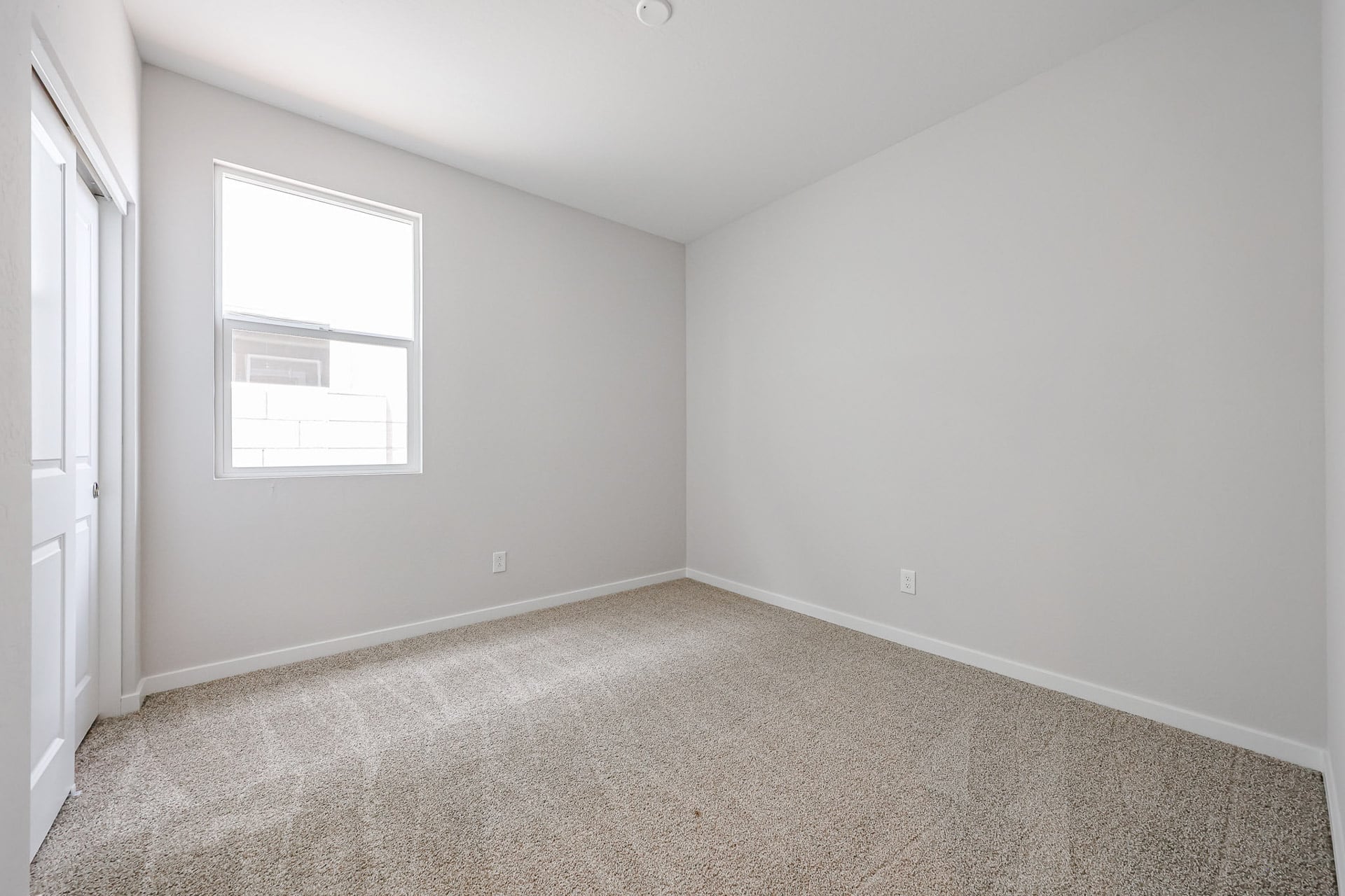 A room with a carpet and a window.