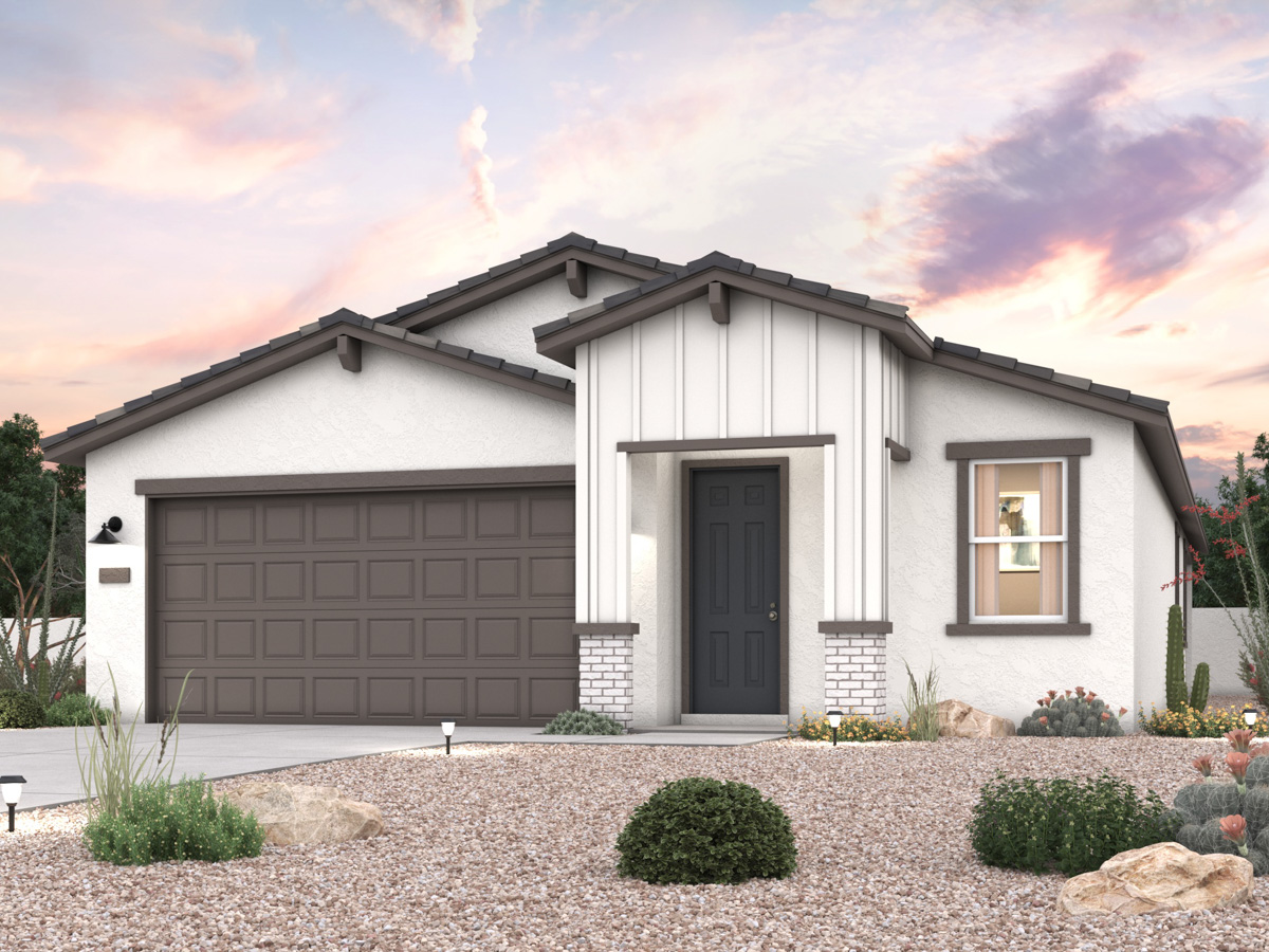 Rendering of front of new home for sale in San Tan, AZ with 2 car garage in the beautiful Skyline Village community with pool.