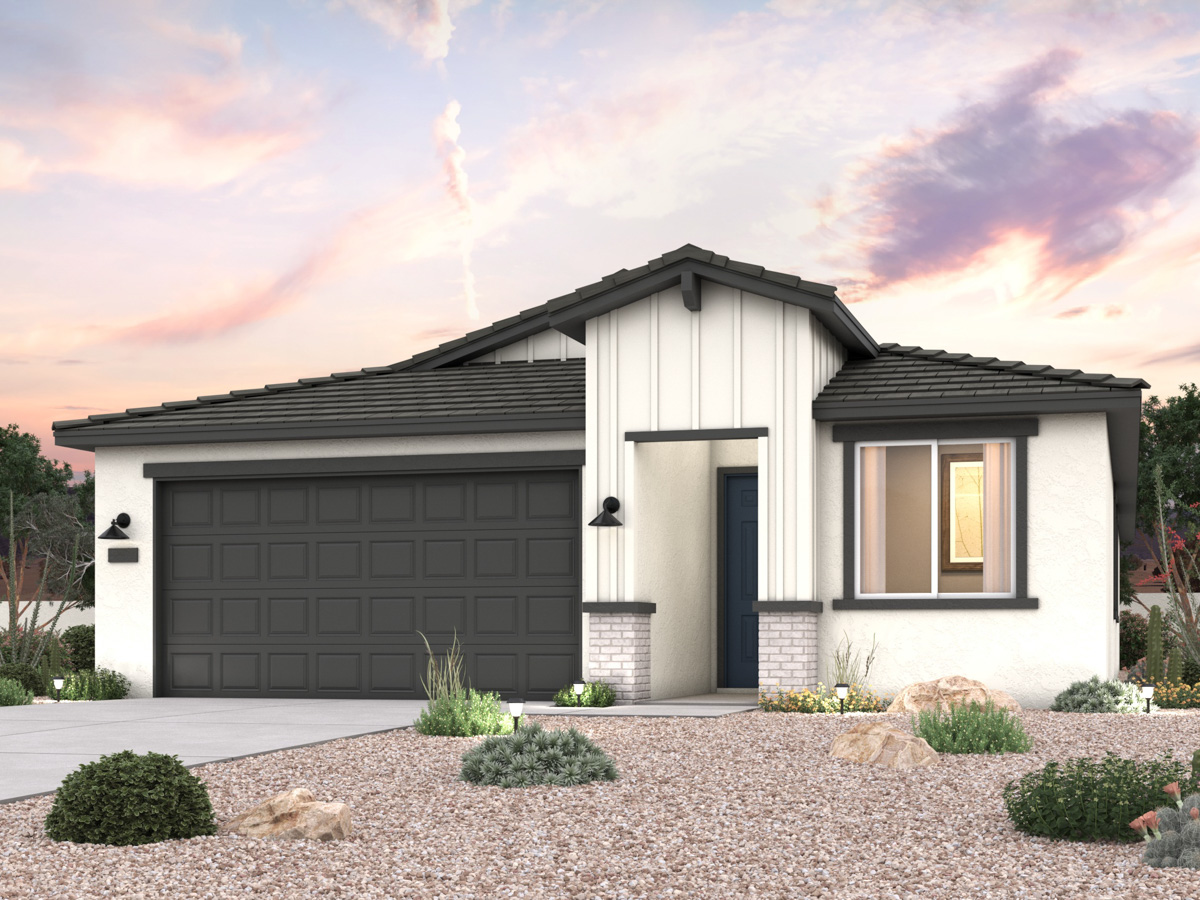 Twilight rendering of front of new home for sale in San Tan, AZ with 2 car garage in the beautiful Skyline Village community with pool.