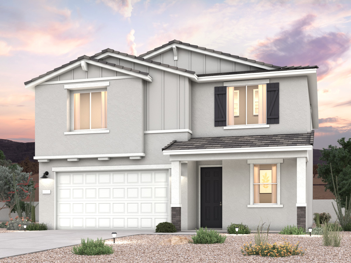 Rendering of front of new home for sale in San Tan, AZ with 2 car garage in the beautiful Skyline Village community with pool.