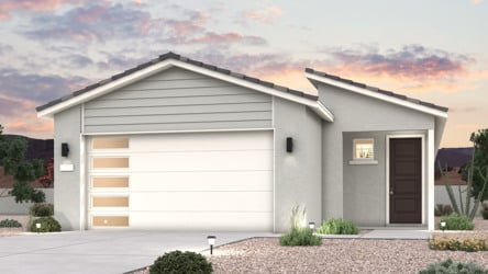 A twilight rendering of a single-story new home with amenities in Buckeye, AZ at Manzanita at Teravalis by Century Communities.