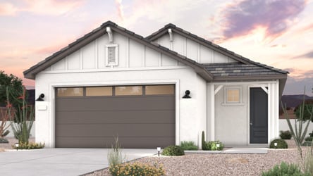 A twilight rendering of a single-story new home with amenities in Buckeye, AZ at Manzanita at Teravalis by Century Communities.