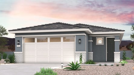 A twilight rendering of a single-story new home with amenities in Buckeye, AZ at Manzanita at Teravalis by Century Communities.