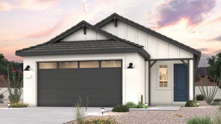 A twilight rendering of a new home in Buckeye, AZ at Manzanita at Teravalis by Century Communities.