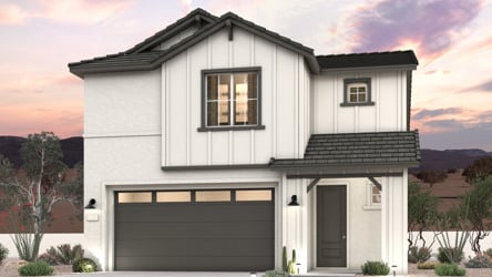 A twilight rendering of a 2-story new home in Buckeye, AZ at Manzanita at Teravalis by Century Communities.