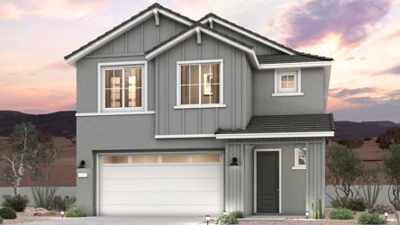 A twilight rendering of a 2-story new home in Buckeye, AZ at Manzanita at Teravalis by Century Communities.