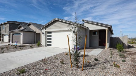 A few buildings with a few trees in front of them.
