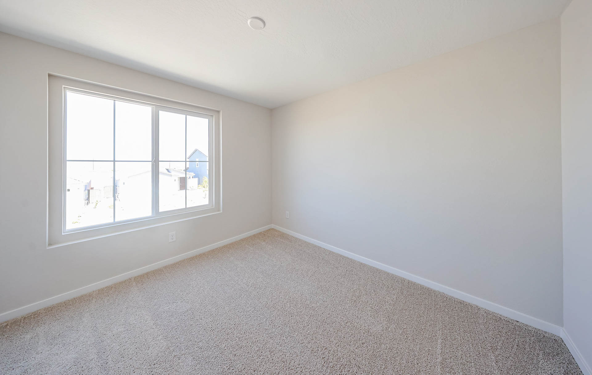 A room with a window and a carpet.