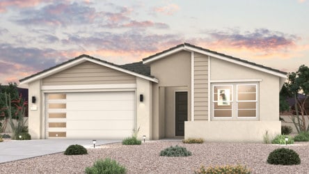Twilight rendering of front of new MCM home for sale in Buckeye, AZ with 2 car garage.