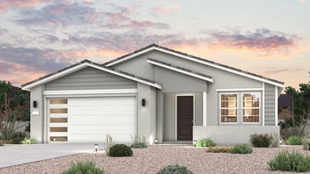 Twilight rendering of front of new MCM home for sale in Buckeye, AZ with 2 car garage.