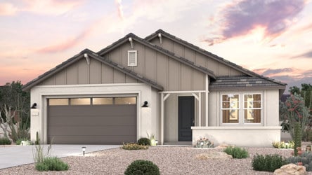 Twilight rendering of front of new ranch style home for sale in Buckeye, AZ with 2 car garage.