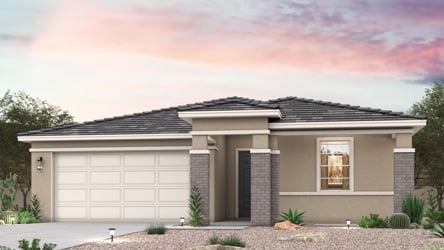 Twilight rendering of front of new home for sale in Buckeye, AZ with 2 car garage.