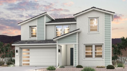 Twilight rendering of front of new 2-story MCM home for sale in Buckeye, AZ with 2 car garage.
