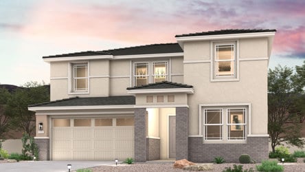 Twilight rendering of front of new 2-story modern farmhouse home for sale in Buckeye, AZ with 2 car garage.