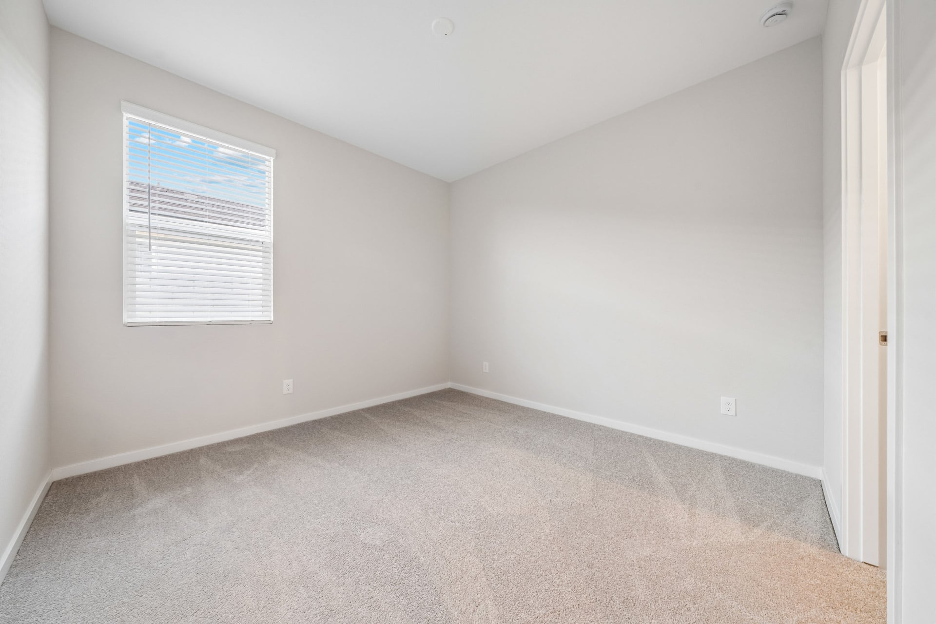 A room with a carpet and a door.