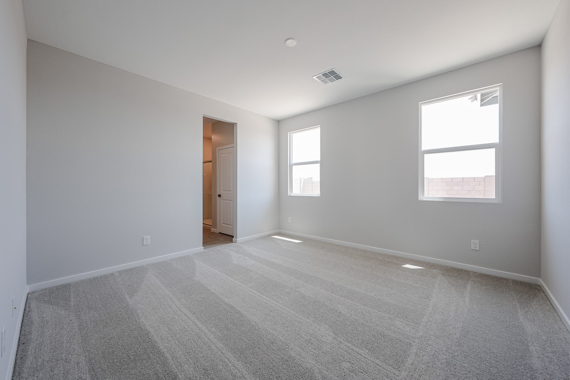 A room with a carpet and windows.