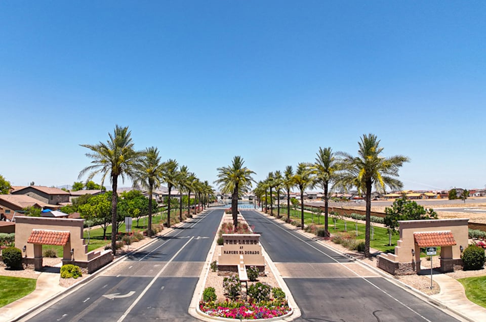 A road with palm trees and a sign on the side.