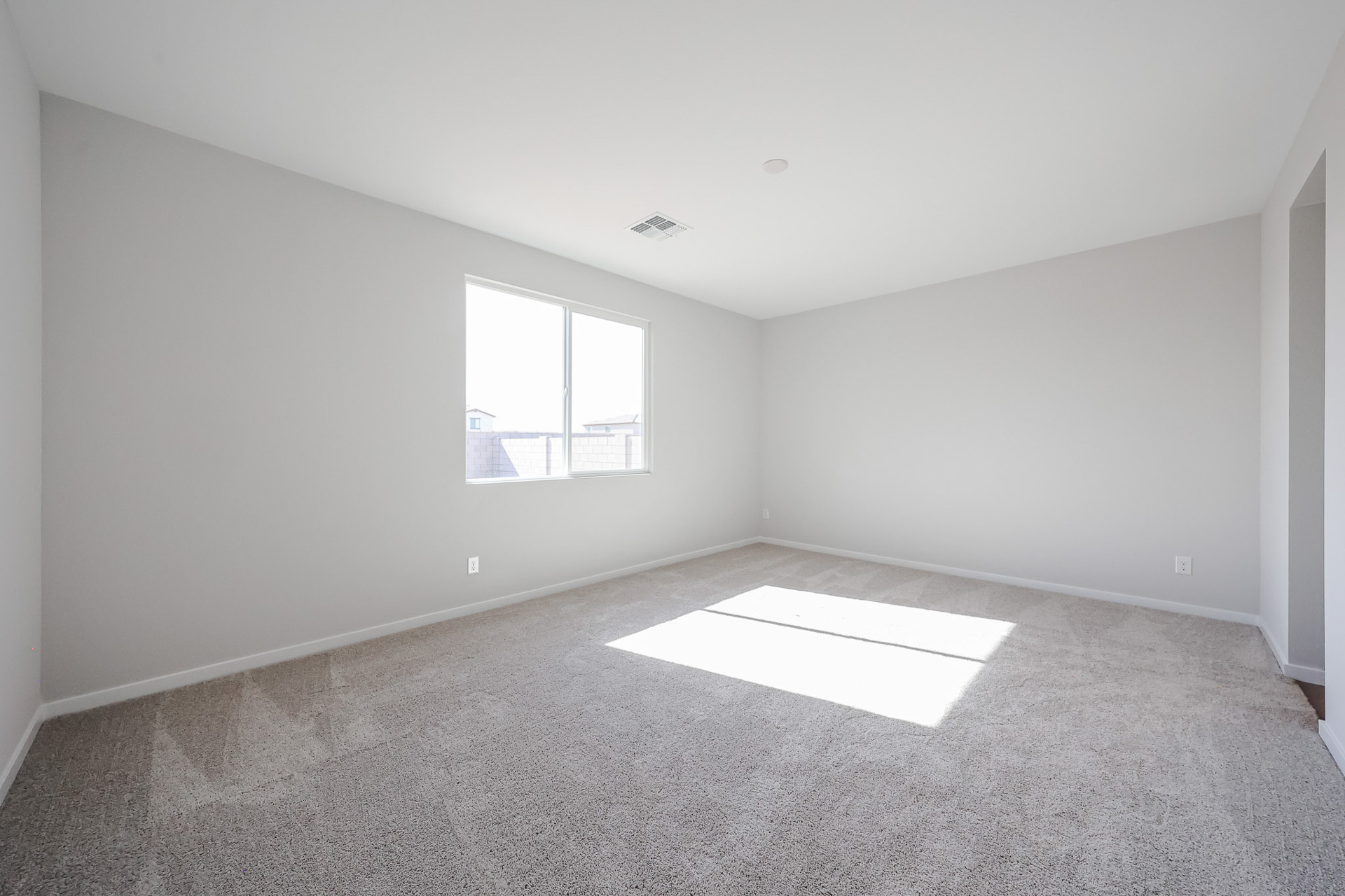 A room with a window and a rug.