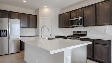 A kitchen with black cabinets.