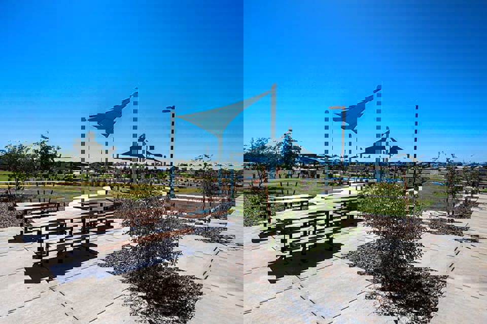 A picnic table and a gazebo.