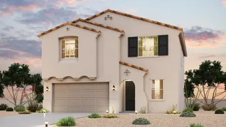 A white house with a garage.