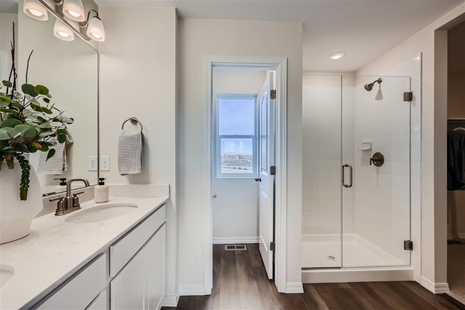 A bathroom with a sink and shower.