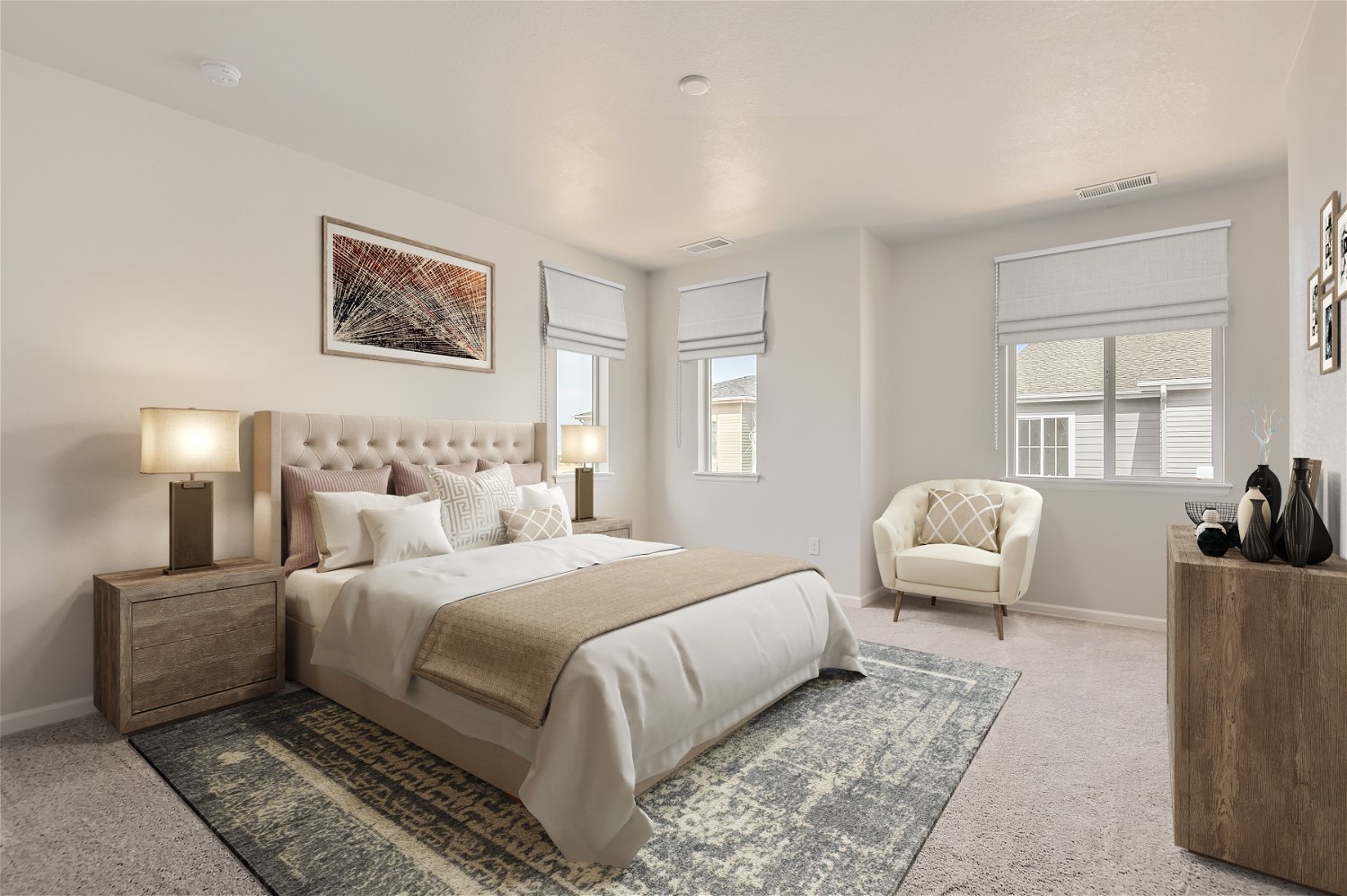 A bedroom with a bed and a chair.