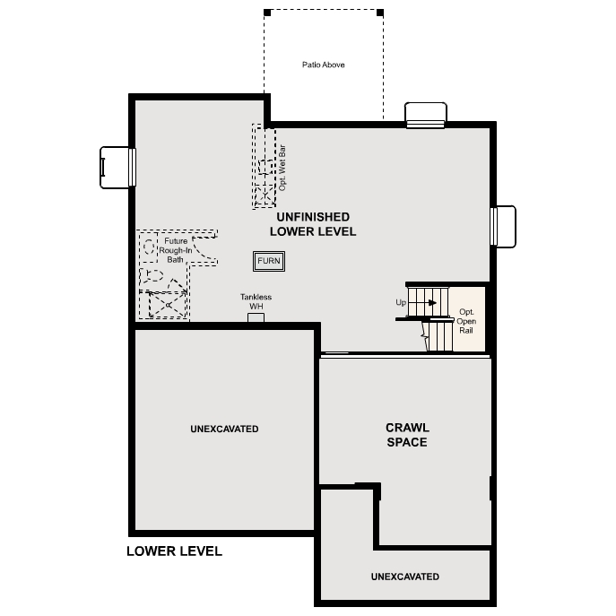 Diagram, engineering drawing. Gunnison Floorplan, Standard Basement